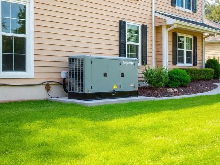 Residential standby generator beside a house