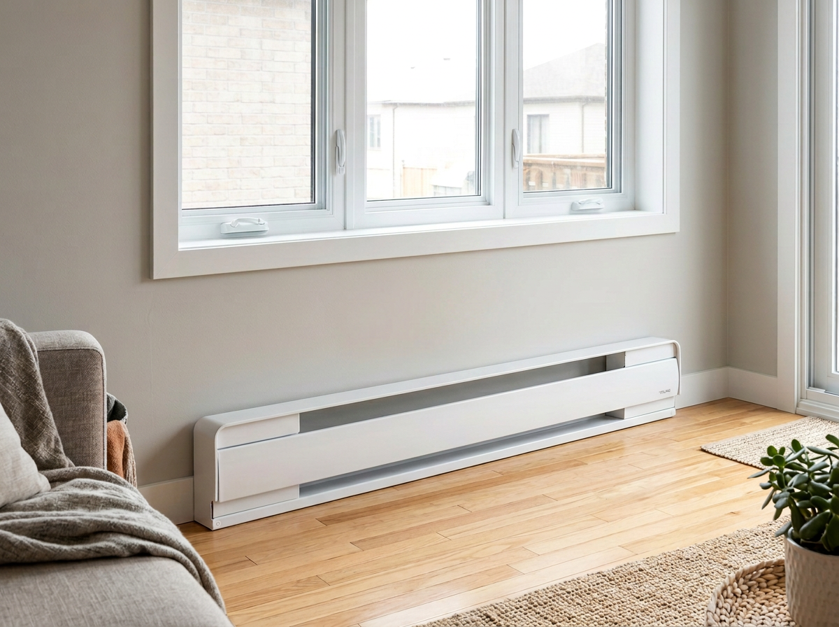 Electric baseboard heater and wall thermostat in a home